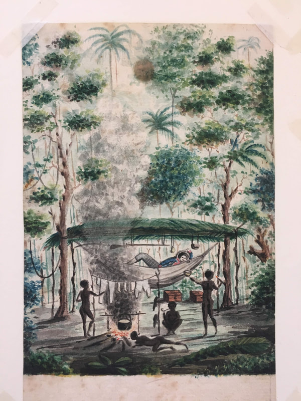 18th century watercolor of a man sleeping in a hammock in the jungle, attended by enslaved Black men with a fire.