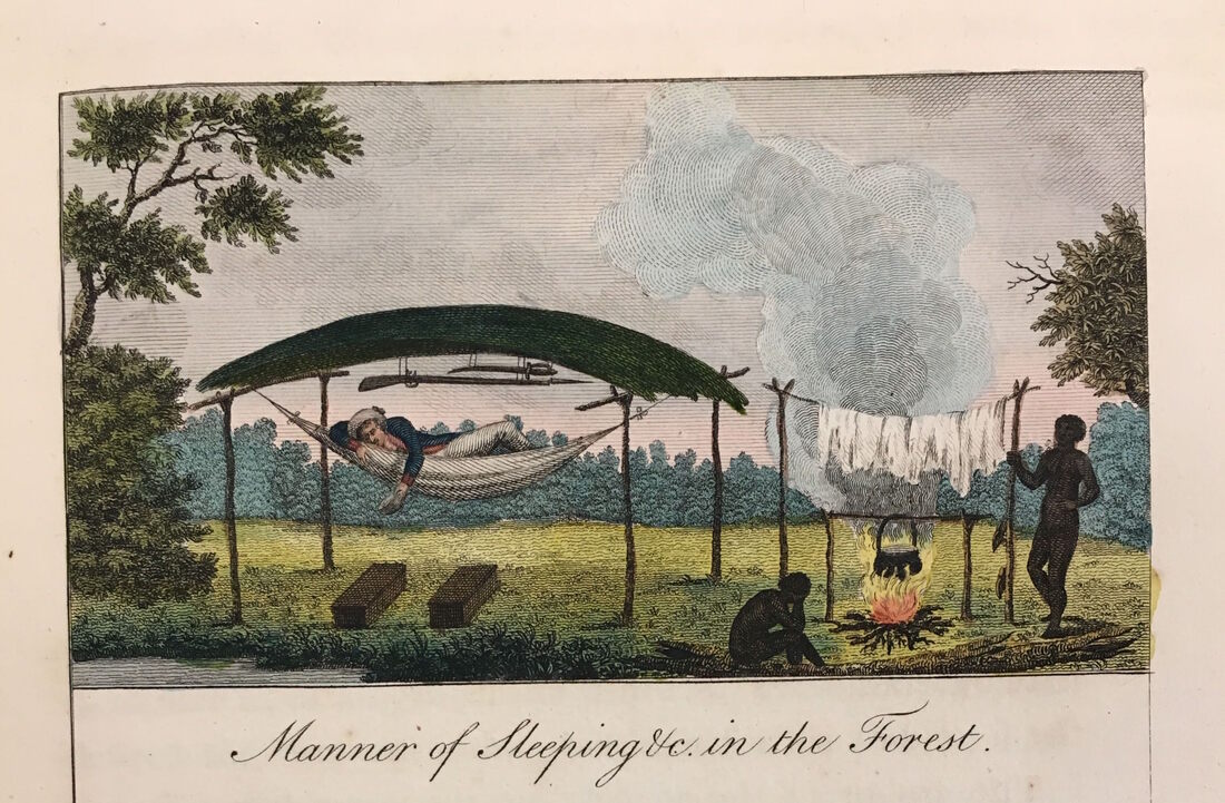 18th Century engraving of a white man in a hammock, attended by enslaved Black men with a campfire. A similar image is done in watercolor.
